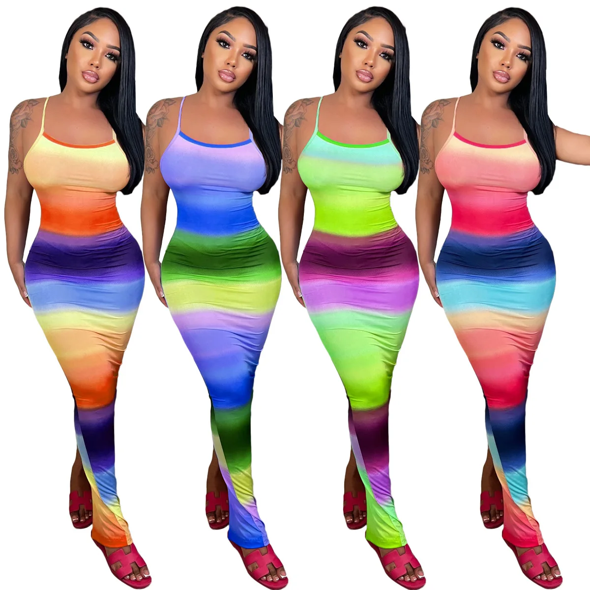 

C0402TA33 Summer Women Rainbow Printing Back Slit Spaghetti Strap Maxi Bodycon Dress Sehe Fashion