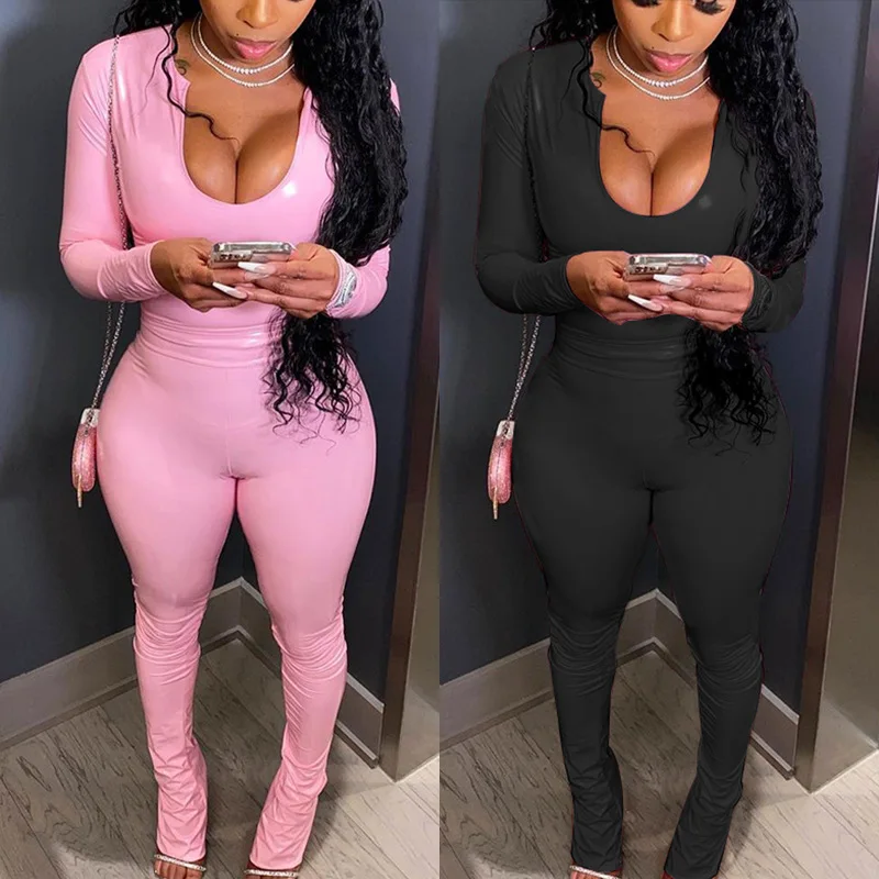 

High quality fall women two piece clothing PU bodycon solid color long sleeve blouse wide leg pants women sweat suit set