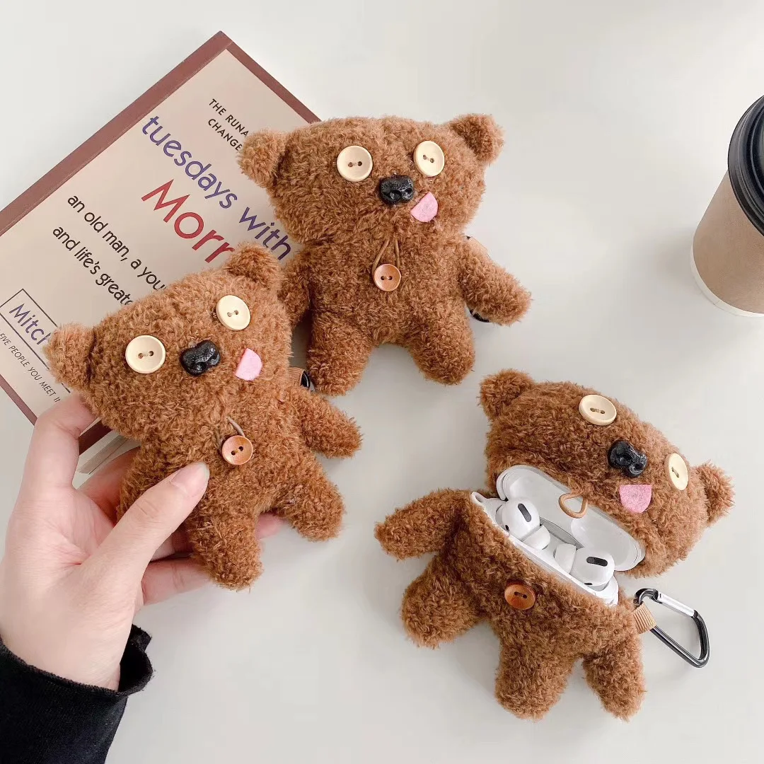 

3D Lovely Cute Cartoon Bear Designer Plush Protective Case with Hook Case Silicon Cover For Airpod 1 2 3 Pro