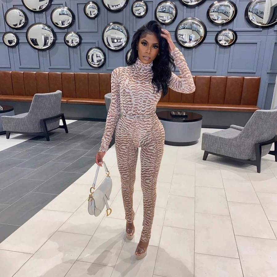 

Nibber K20S11312 Printed 2Piece Set Women Streetwear Turtleneck Bodysuit+Elastic Leggings 2021 Active Workout Fitness Outfits