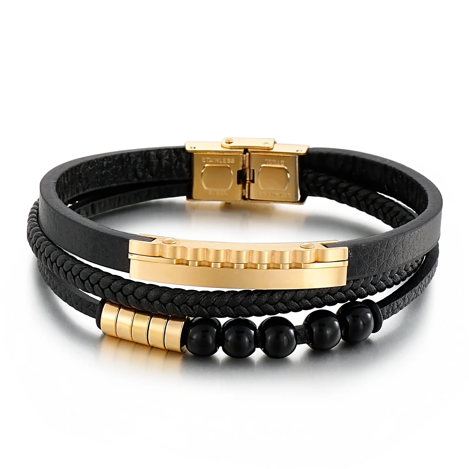 

KALEN Punk Multi-layer Stainless Steel Bracelet Men Black Woven Cowhide Leather Bracelets Jewelry
