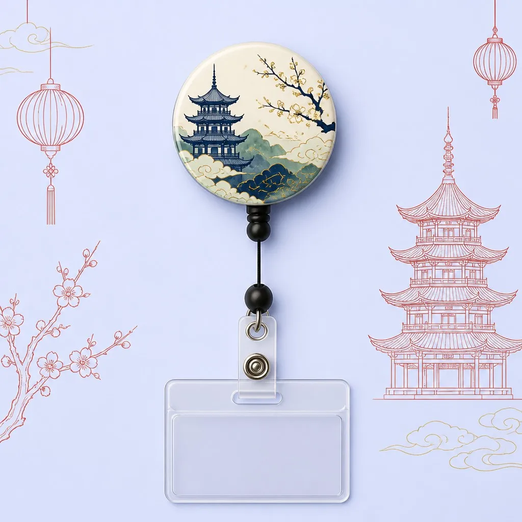 Badge reel with lantern and pagoda line-art background