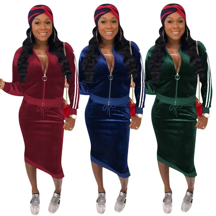 

1119M015 autumn side stripe pleuche hoodie pencil skirt Outfits 2021 Two Piece Set Women Clothing