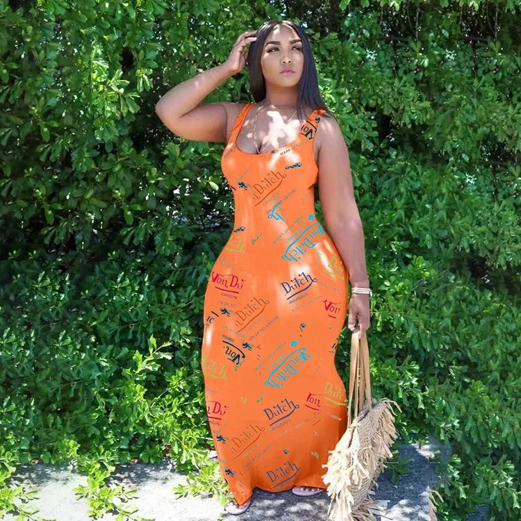 

Letter Printed U Neck Sleeveless Maxi Dress Casual Summer Wear Women Clothing 2021 Wholesale -YS, Pink,orange,black,white