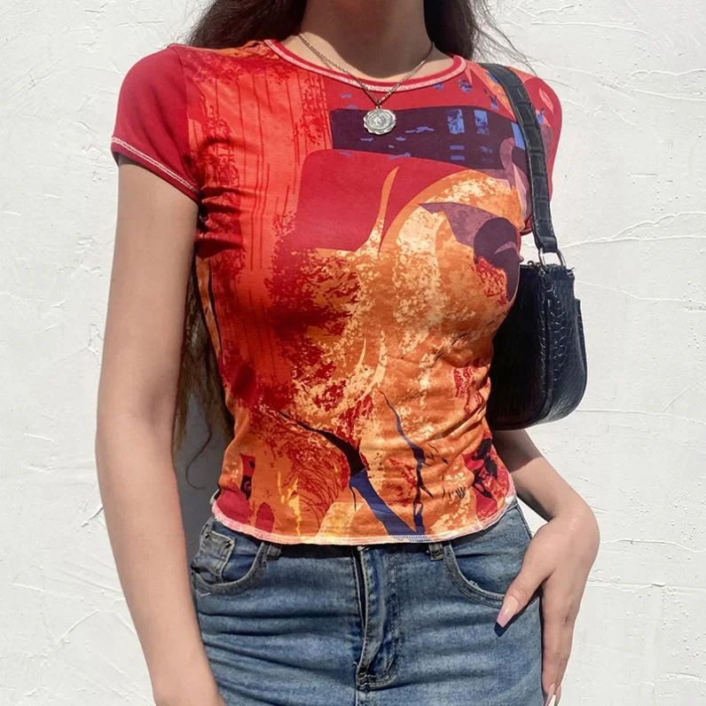 

Fashion Casual Printed Short Sleeve Patchwork Women's T-Shirt