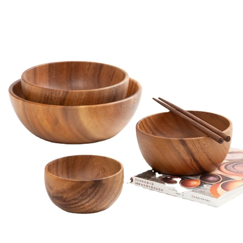 

Solid Wood Bowl Natural Classic Large Round Acacia Wood Salad Soup Dining Bowl Eco Friendly Premium Wood Kitchen Utensil