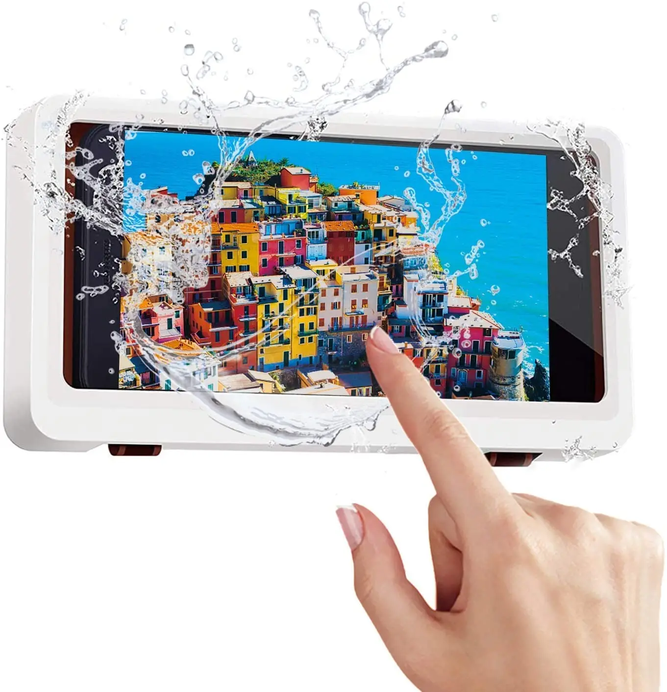 

Shower Phone Holder Waterproof Wall Mount Phone Holder With Adhesive Strip For Bathroom Shower Kitchen For Phones Under 6.8 inch, Black and white