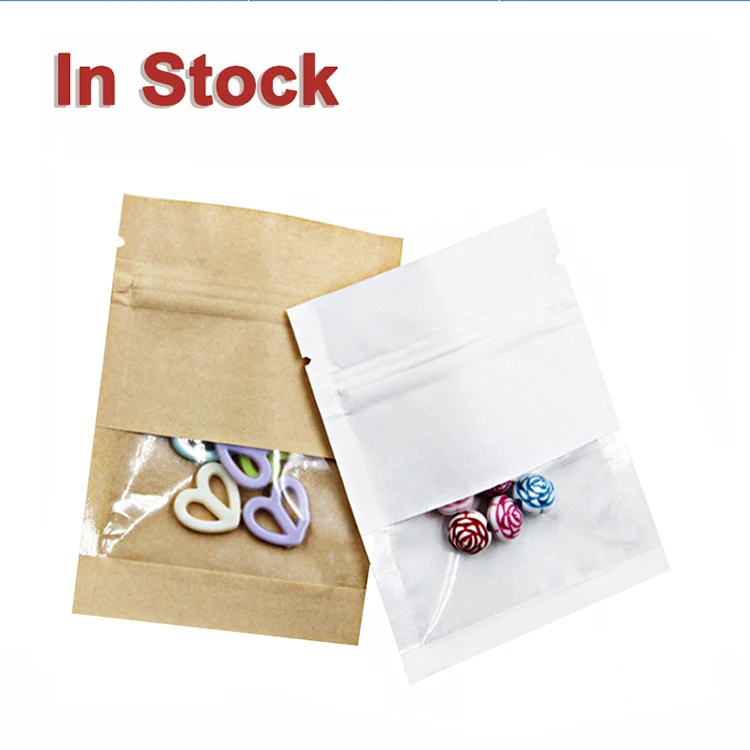 

In stock and custom small 3 side seal food packaging white brown kraft paper ziplock bags with window