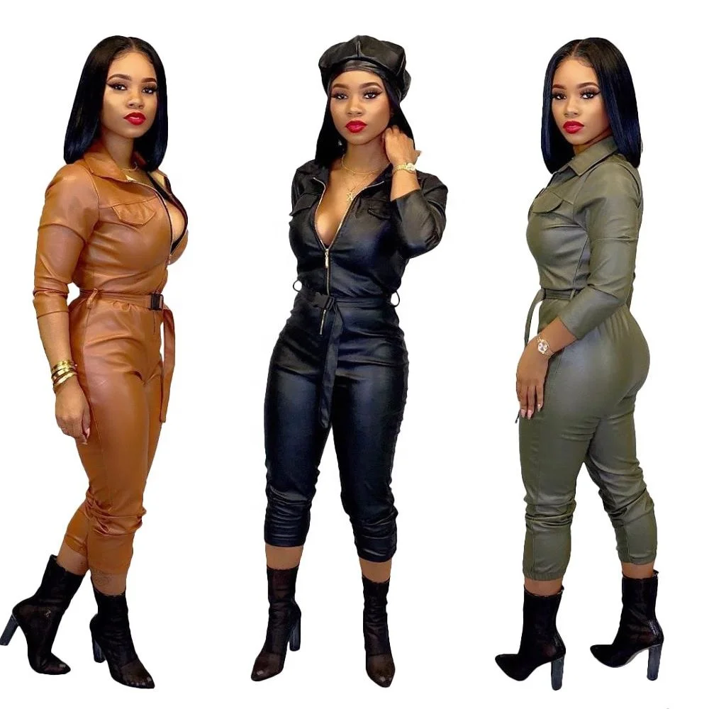 

B61740A New fall/winter 2019 style zip-adjustable leggings latest style jumpsuit, Black/brown/dark green