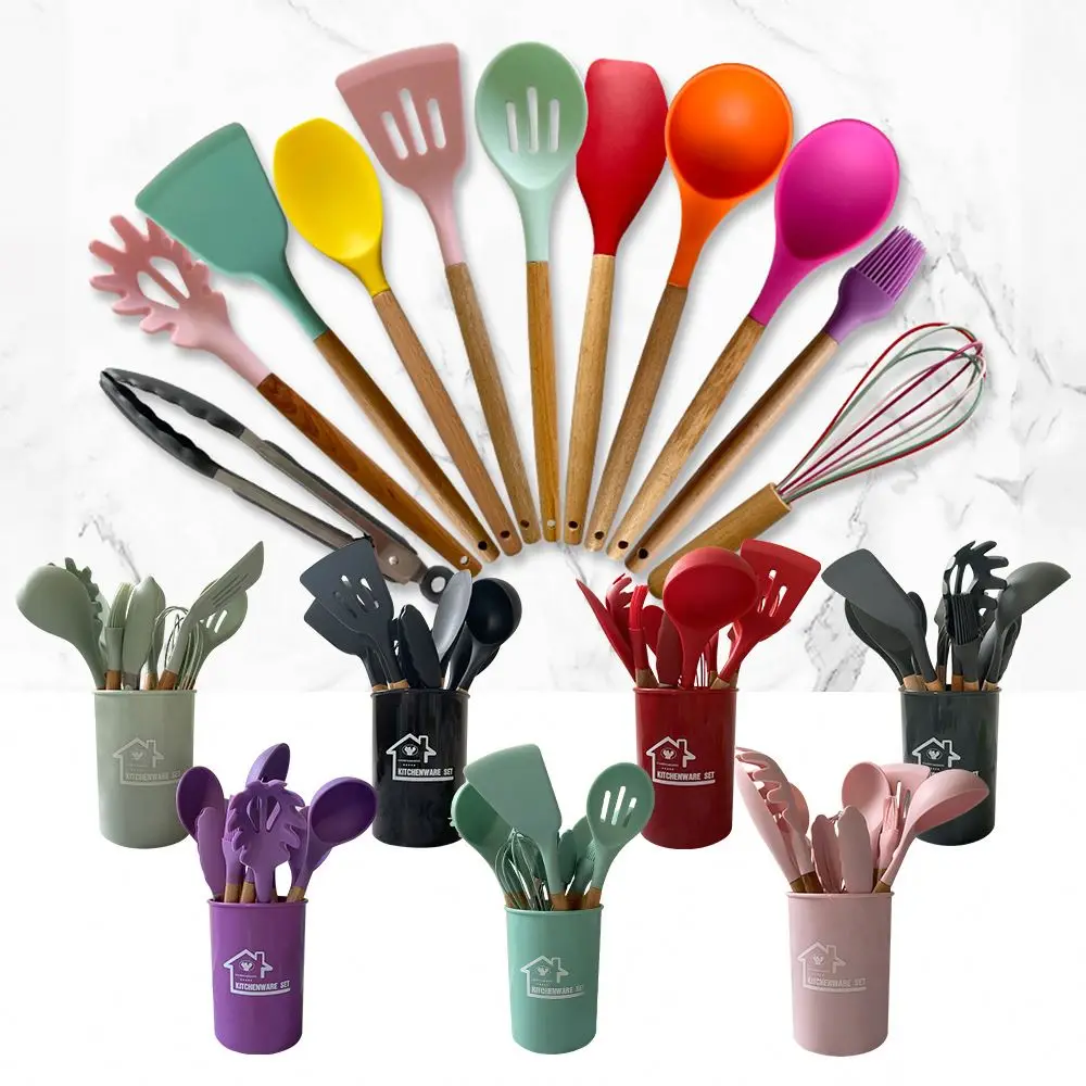 

silicone cookware set 12 Pieces In 1 Set Silicone Kitchen Accessories Cooking Tools Kitchenware Utensils With Wooden Handles, Green,red,purple,black,pink