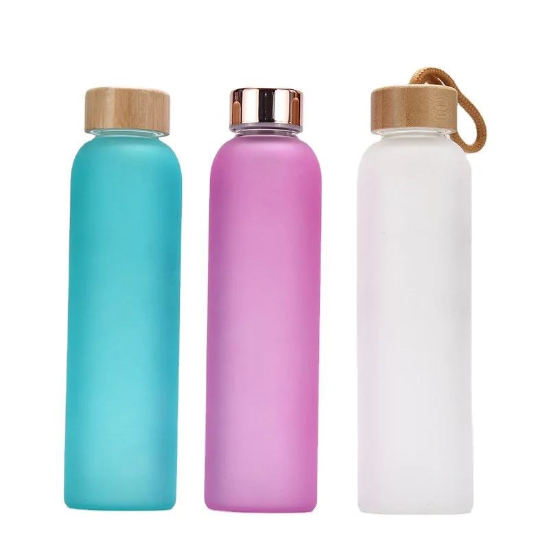 

Leakproof sport glass bottle frosted water bottle with bamboo lid