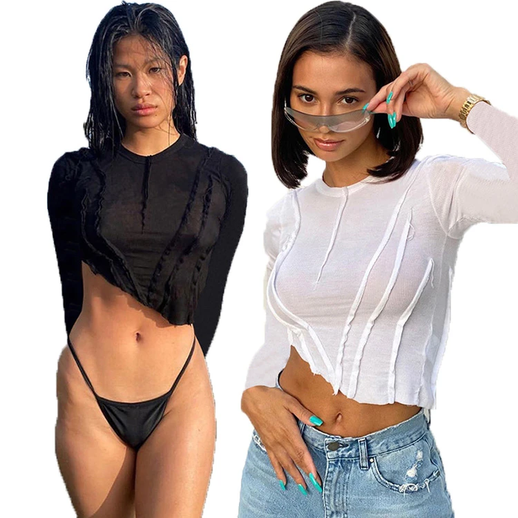 

D96277 Woman tops fashionable casual round collar long sleeve patchwork beveled short t-shirt women underwear