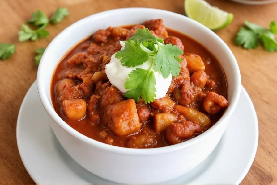 Simple turkey chili recipe in white ceramic bowl topped with fresh cilantro and sour cream on wooden table