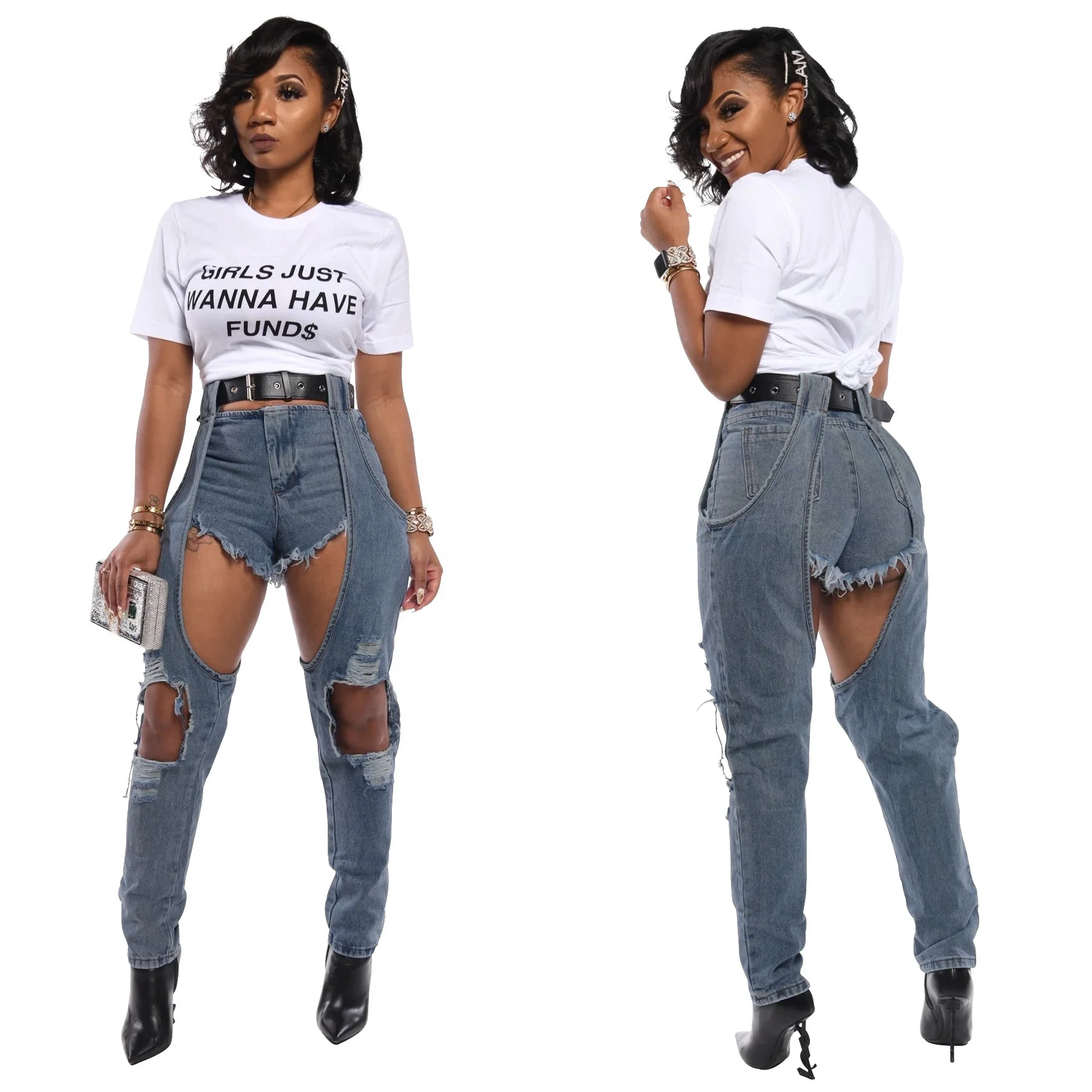 

WY6642 2020 New arrival casual trending patchwork ladies ripped long denim fall pants jeans, As picture or customized make