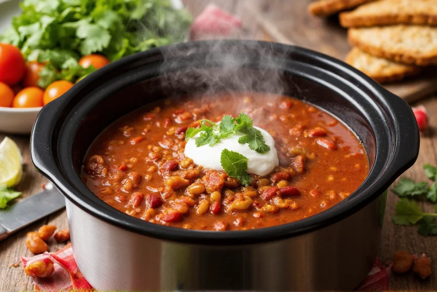 Slow cooker filled with rich red chili, steam rising, surrounded by fresh toppings like sour cream and cilantro