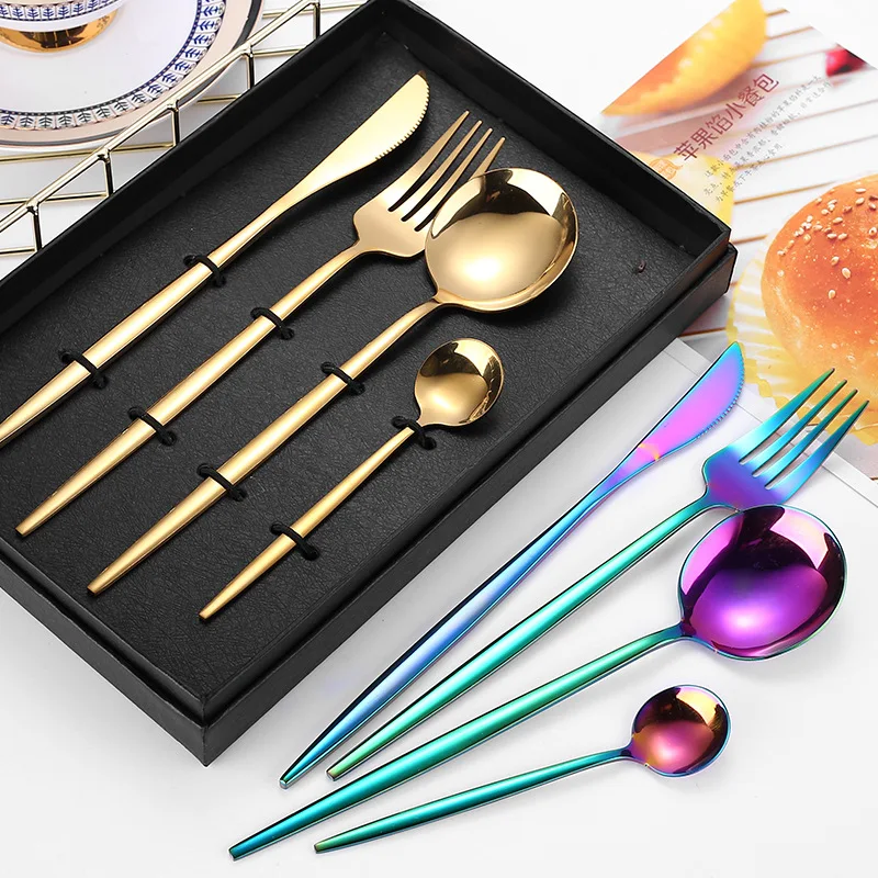 

Shinny gold plated stainless steel flatware set 4pcs dinnerware set fork knife spoon tea spoon cutlery with gift box, Sliver,gold,rose gold,colorful,black