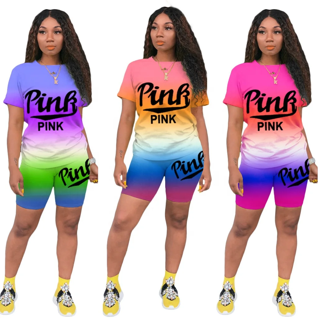 

2021 pink summer shorts sets Tie Dye women 2 piece pants set Letter Print Skinny Jogging Wear Tracksuit Summer Women 2pc outfit, Custom color