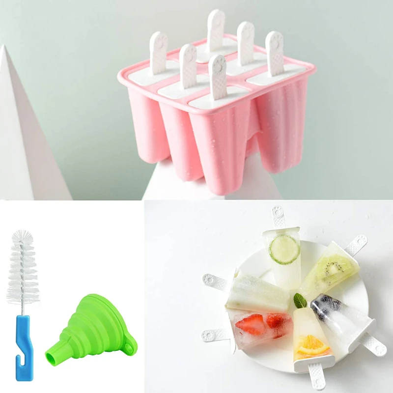 

Popsicle Molds 6 Pieces Silicone Reusable Easy Release Ice Pop Maker with Silicone Funnel and Cleaning Brush Ice Cream Popsicle, Green/blue/pink