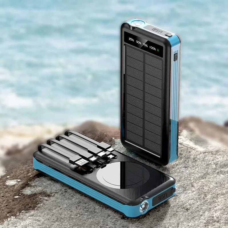 

Solar Panel Power Bank Case With Built In Cable Logo Customize Support Wireless Charging Type-C Powerbank For Mobile Phones