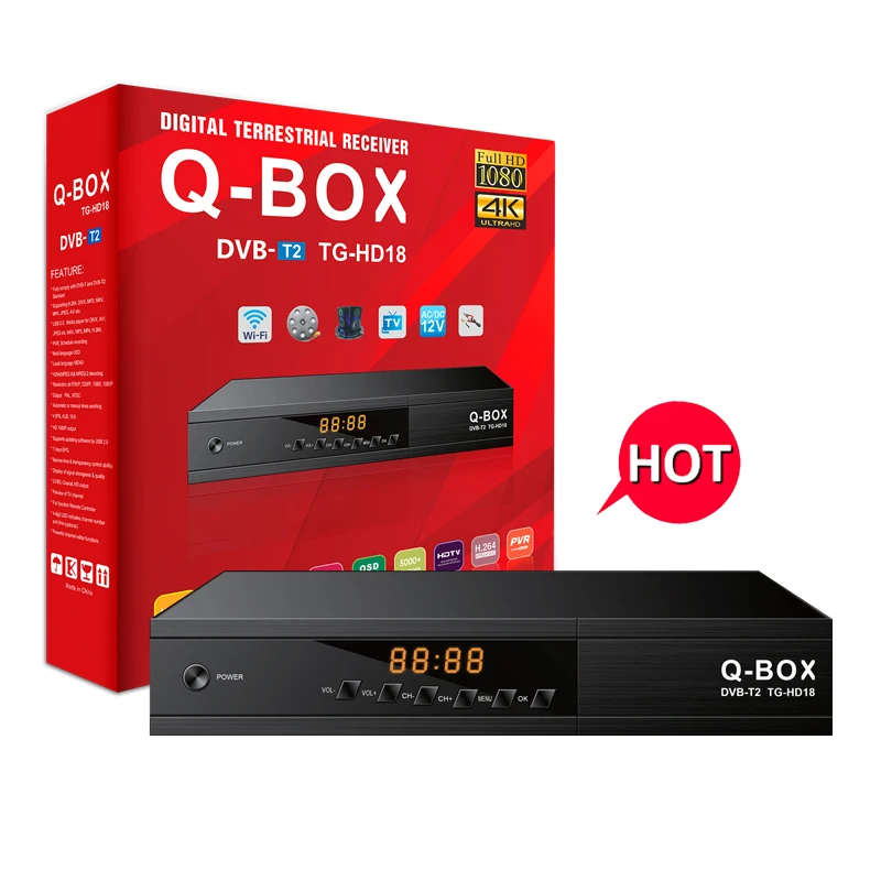 

Q-BOX TG-HD18 hot selling FTA t2 set top box antenna receiver free channels t2 decoder TV Box support WIFI
