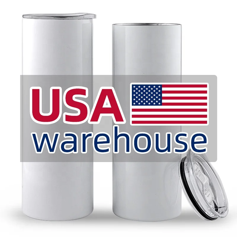 

USA Warehouse 20oz Double Wall Stainless Steel Skinny White Straight Sublimation Blanks Tumbler With Plastic Straw and Cover