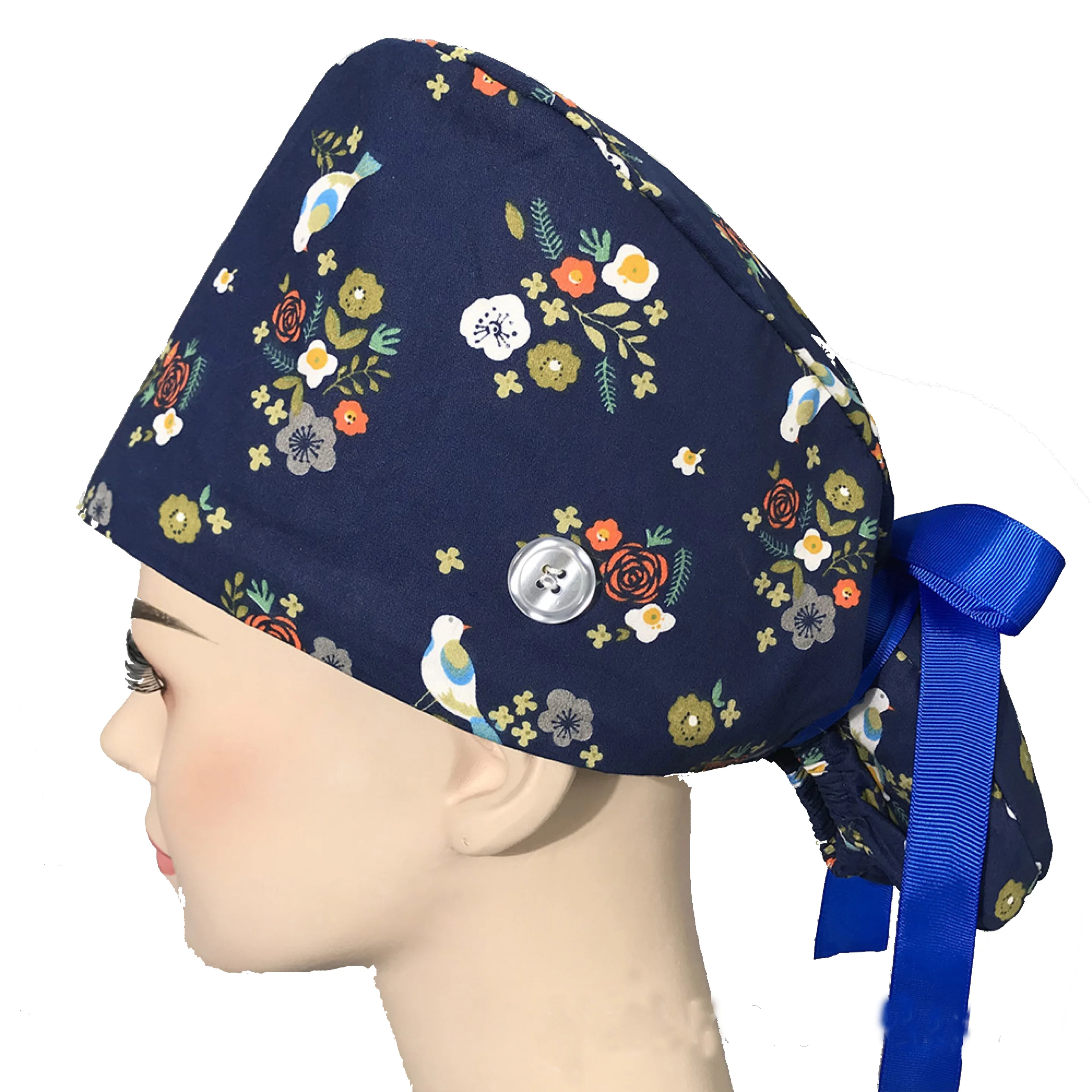 

Cotton Print Ponytail Long Hair Nurse Women Surgical Cap EKG Black, Solid dyed&printed