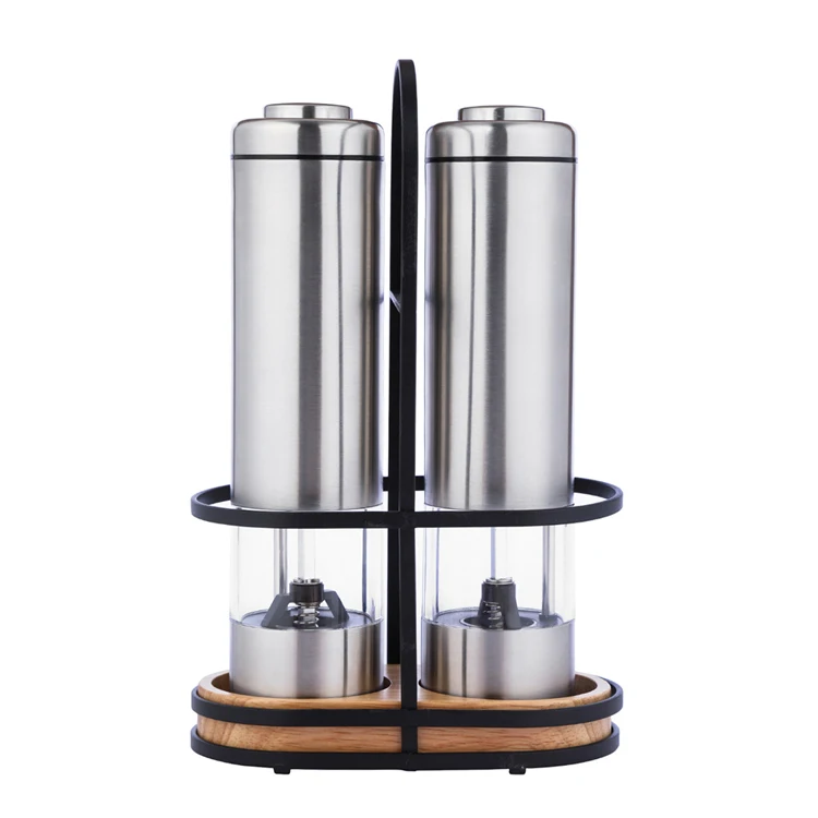 

Amazon Hot portable Stainless Steel Salt and Pepper Spice Grinders Set with 2 Pepper Mill Grinders and Holder