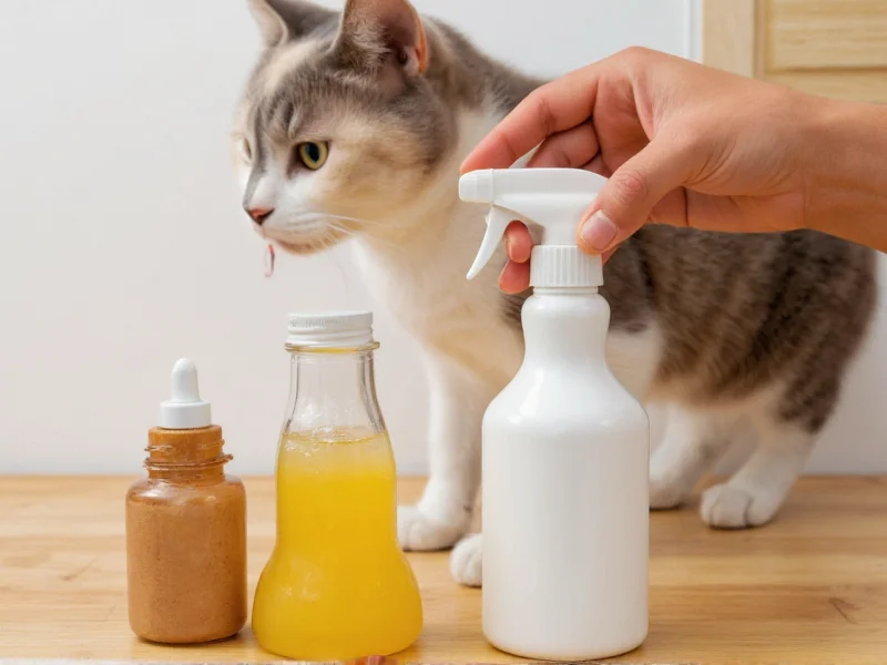 Homemade cat deterrent spray ingredients on wooden table