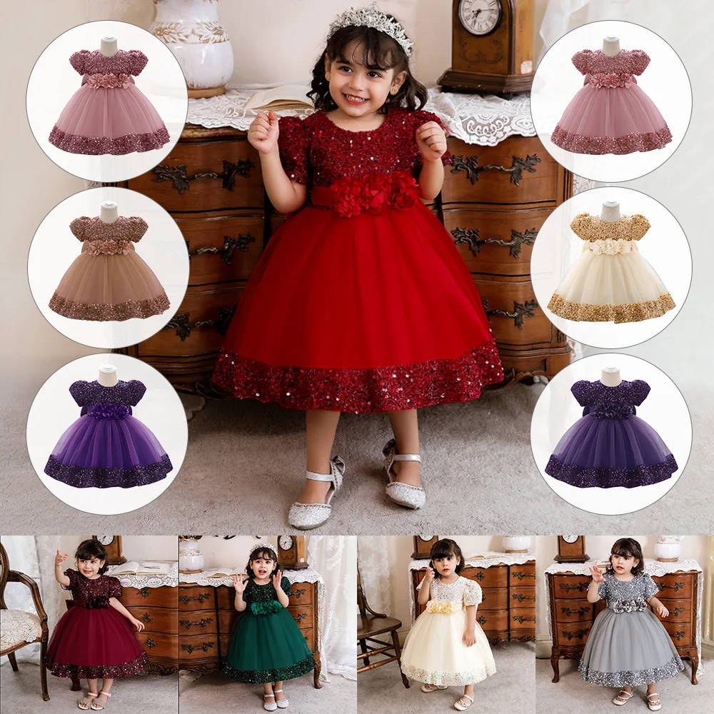 

Meiqiai Short Sleeve Christmas Princess Frock Sequined Dress For Kids 0 to 4years N2116