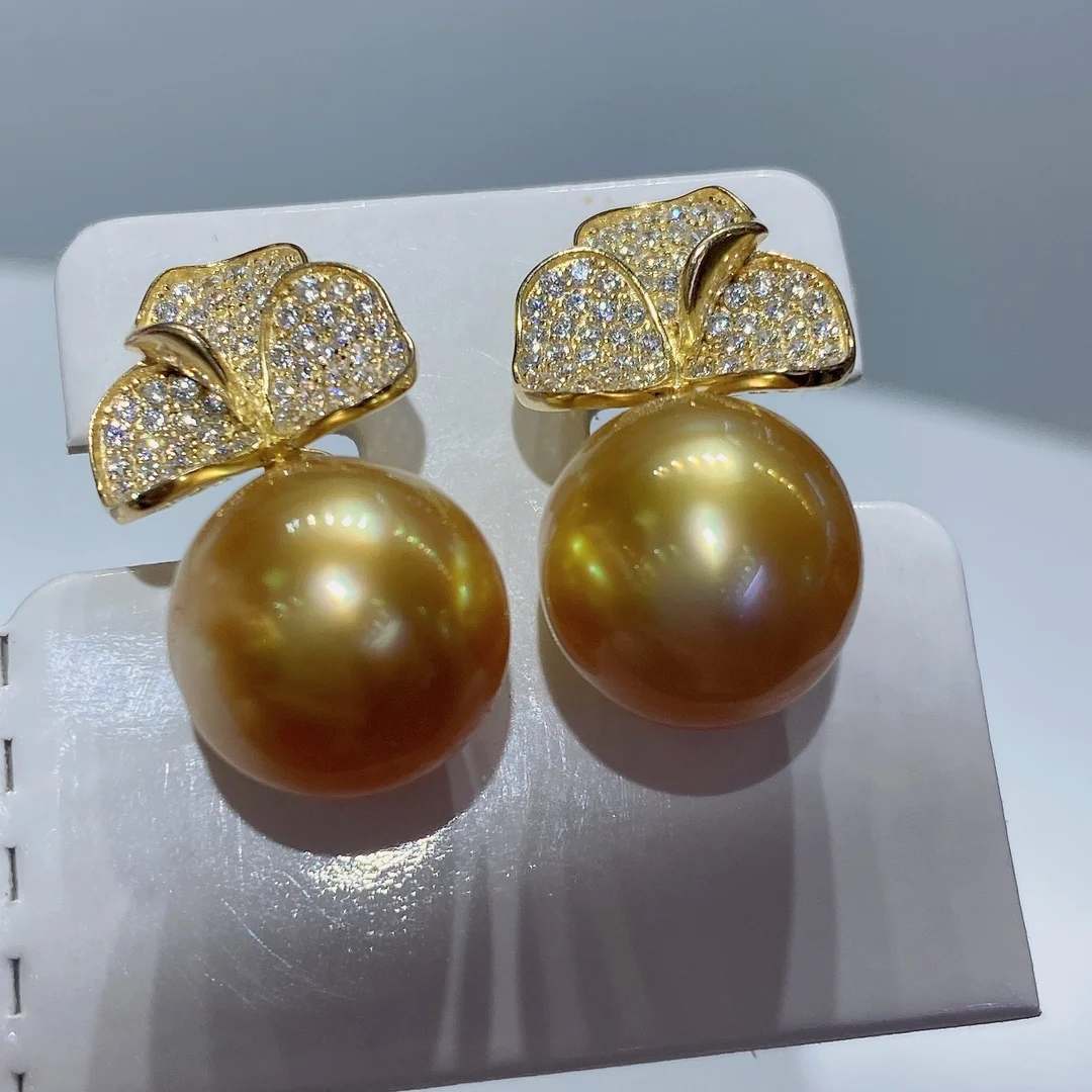

11-12mm Golden South Sea Pearl flowers earrings Sliver 925 Hot Products, Glod