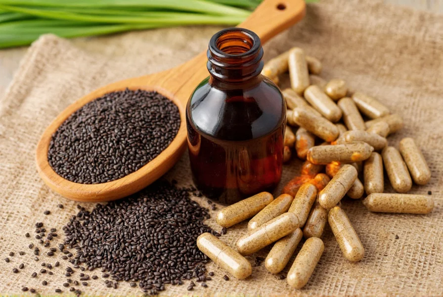Various forms of black cumin seed products including whole seeds, oil bottle, and capsules on natural background