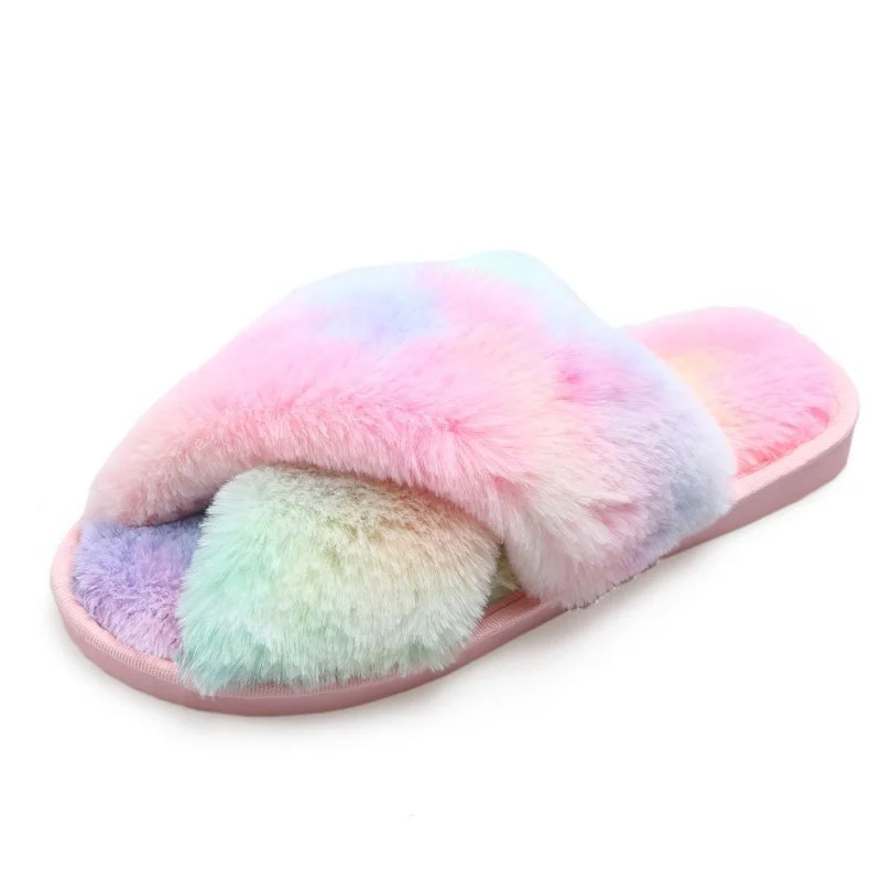 

women winter slippers furry slippers faux fur upper slides for women indoors outdoor slides furry slippers for women, Yellow, red, purple, colorful