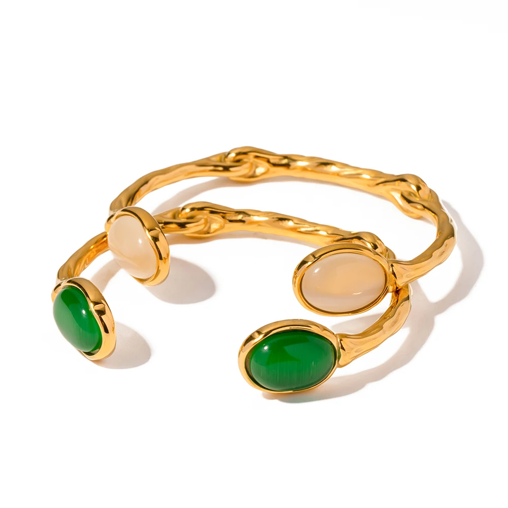 

New Trendy 18k Gold Plated Stainless Steel Jewelry Gift Minimalist Opening Texture Opal Bangles For Women