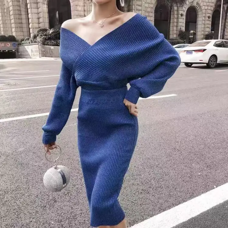 

solid color fashion lawn skirt suits women for office new arrived sexy v neck sweater top and skirt set 2 piece knitwear outfits
