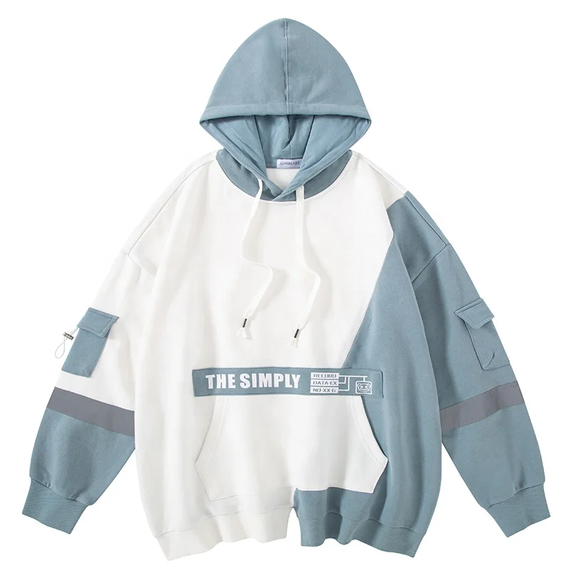 

Fleece long sleeve with hood winter men custom logo hem blue splicing reflective strip printed hoodie