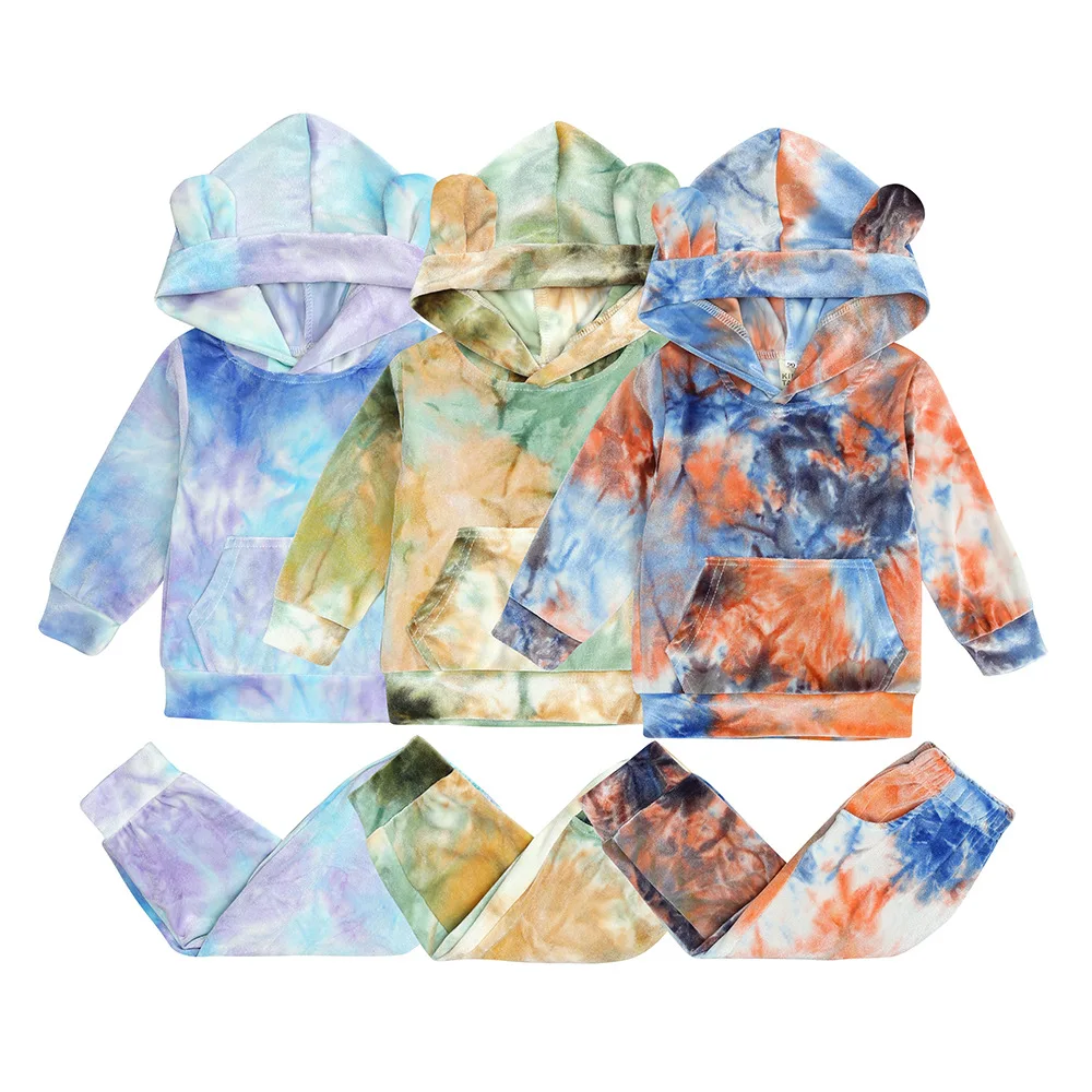 

Wholesale Kids Wear Fashion Designers Velvet Tie Dye Hoodie Joggers Set Kids Clothing