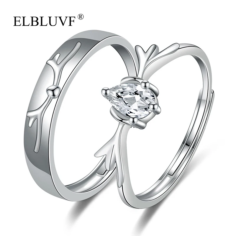

ELBLUVF Free Shipping Lovers Copper Alloy Jewelry White Cubic Zircon 925 Silver Plated Antler Couple Ring Wholesale, White gold