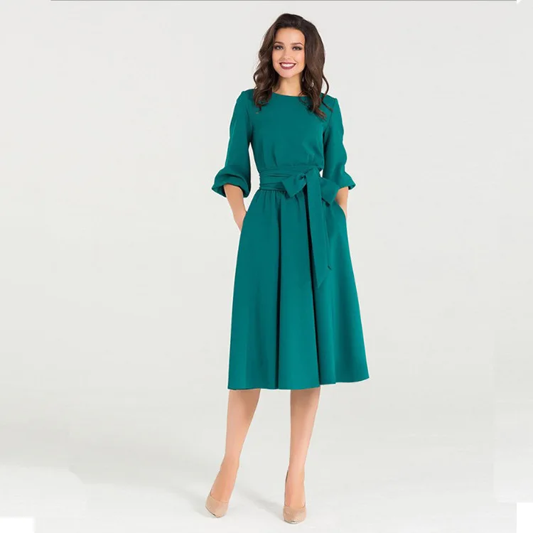 

2020 Amazon Aliexpress Hot Sale Office Lady Dress Solid Long Sleeve Women Casual Dress with Belt Bow, Khaki,wine red,green,blue,purple