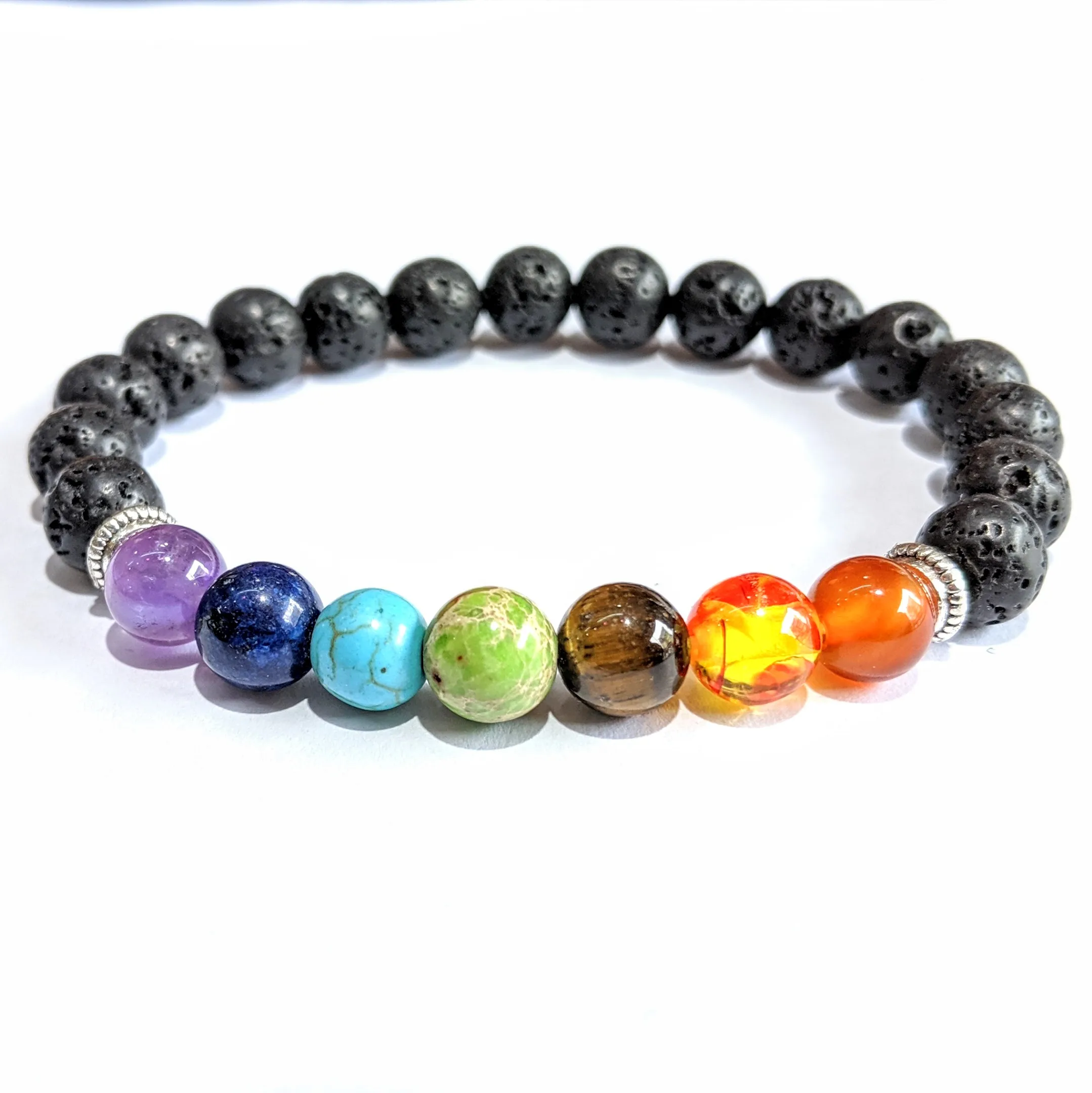 

Wholesale Cheap 7 Chakra Bracelet in Bulk Supplier Handmade Elastic Bracelet 8mm Round Chakra Bracelet with Black Lava