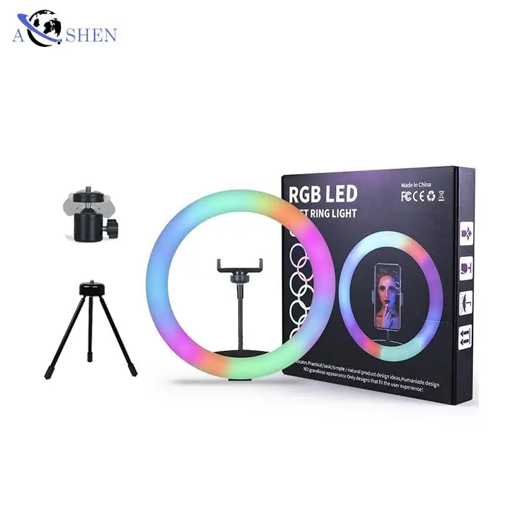 

Factory 12 inch beauty makeup video RGB led selfie lamp desktop fill ring light and tripod stand for smartphone broadcasting