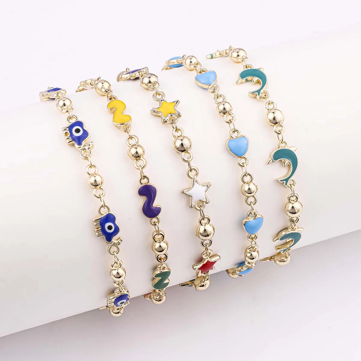 

CM Factory direct sale 14K gold plated oil drop bracelets elephant star heart dolphin shape enamel evil eyes bracelet for women