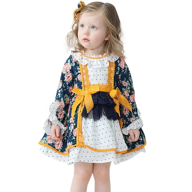 

High quality kids boutique clothes flower print vintage winter party spanish baby girls dress, Multi colour options