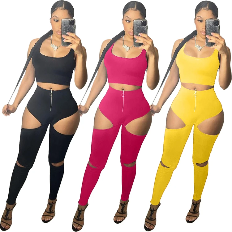 

DUODUOCOLOR Summer solid color vest crop top hollow out zipper fashion clothing 2021 sexy long pants two piece sets women D10166