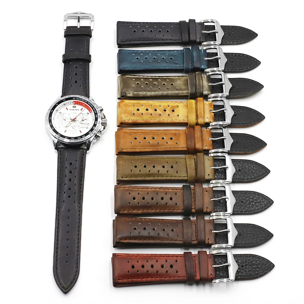 

Porous Strap 20mm 22mm 24mm Vintage Leather Watchbands Handmade Brushing Colored Smart Watch Strap, As pictures