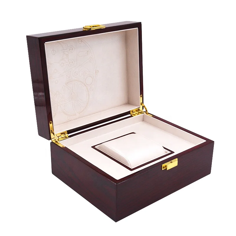 

High Quality Watch Box Printed Luxury Wooden Custom Logo Wood Watch Packaging Box With Gold Lock, Brownish red