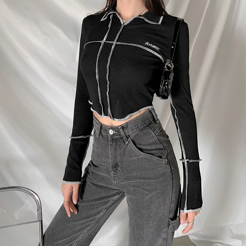 

s607a lapel long sleeve fashion slimming temperament women T-shirt, Black