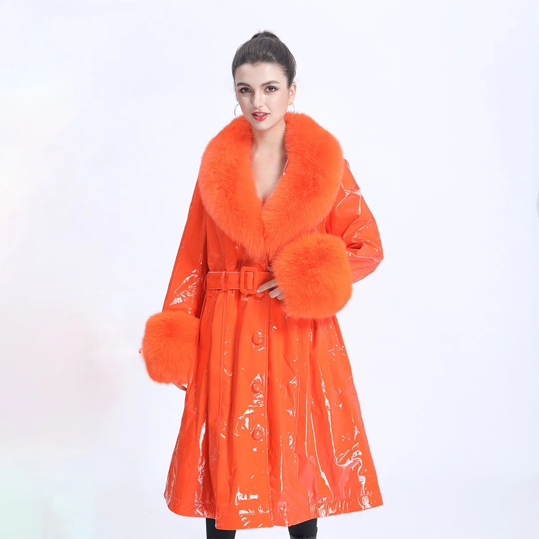 

Wholesale Price Genuine Lambskin Women Belt Fancy Real Fox Fur Collar And Cuff Long Leather Coat, 7 colors as picture