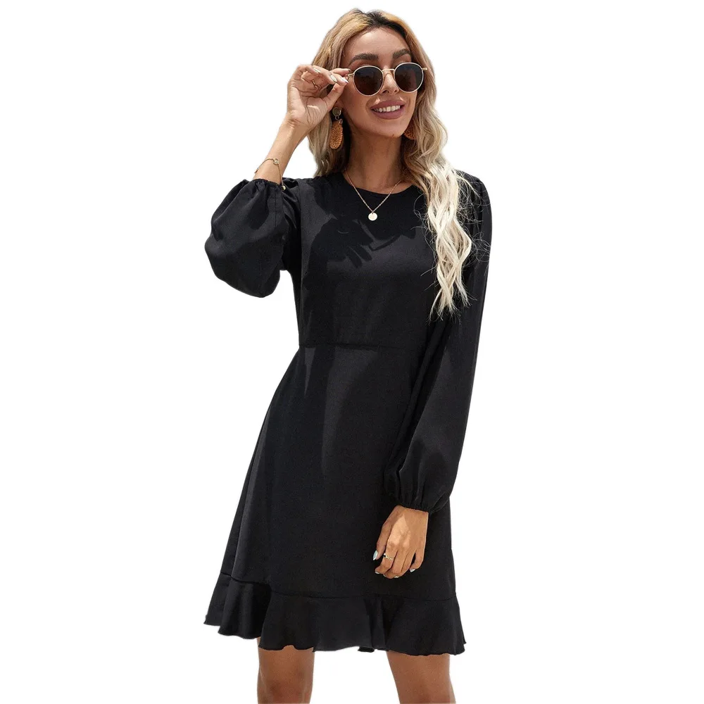 

Wholesale Fall Long Sleeve Black Dress Women Casual Ruffle Backless Dress