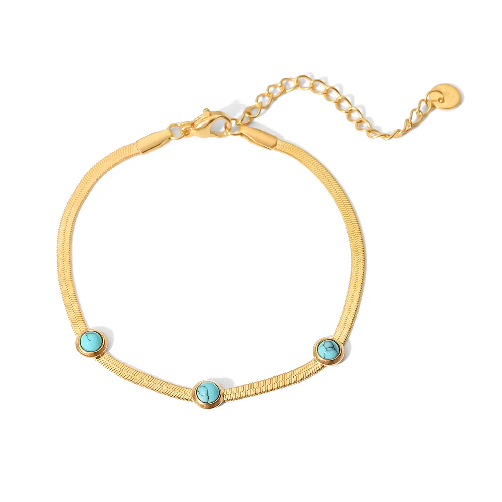 

18k Gold Plated Stainless Steel Bracelet Waterproof Jewelry Three Round Turquoise Flat Snake Chain Bracelet