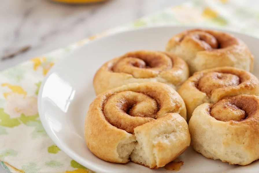 Finished Pillsbury cinnamon rolls with melted icing drizzled over golden brown rolls on a white ceramic plate